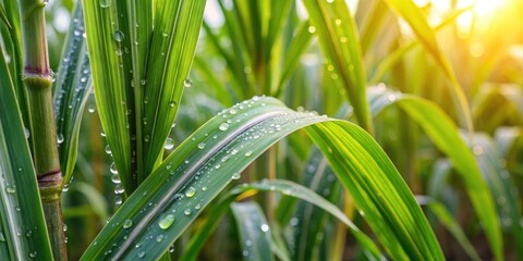 Obraz premium Close-up of sugar cane plant with water droplets on leaves , water droplets, farm, water droplets