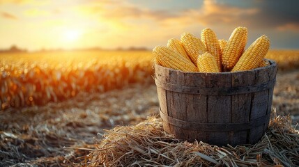 Golden corn cobs in a rustic wooden basket at sunset in a vast agricultural field