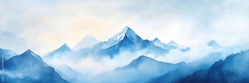 Aufkleber majestic mountain landscape enveloped in soft blue mist at dawn with snow capped peaks and rolling h