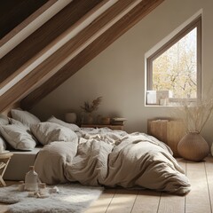 Fototapeta premium Bright cozy attic bedroom with wooden beams and decor