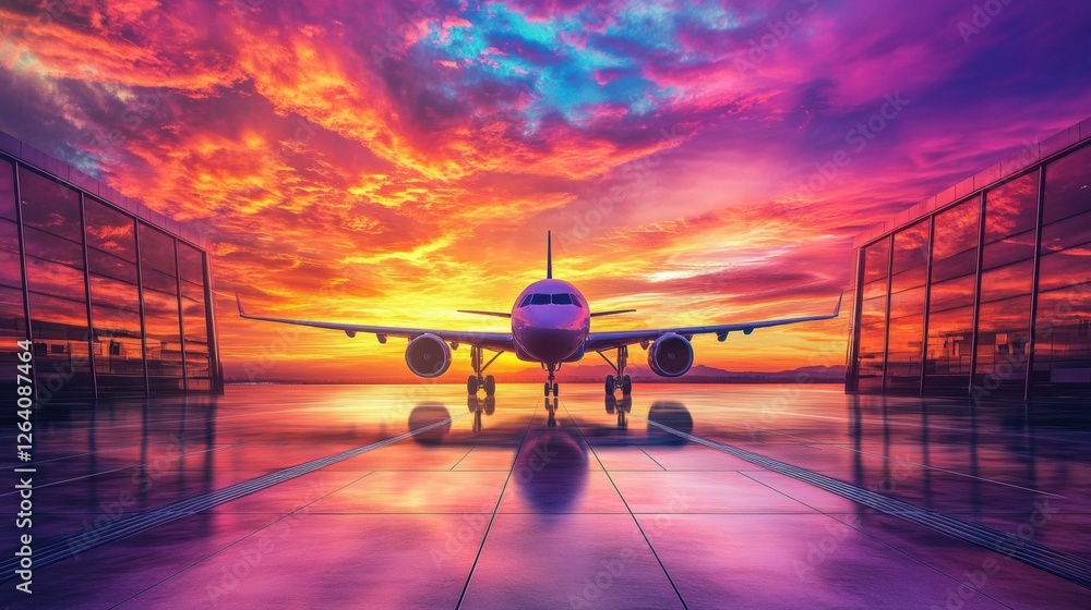 Poster vivid sunset view of an airplane at the airport during evening hours. generative ai