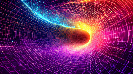 Fototapeta premium Abstract neon grid tunnel: psychedelic 3d warp space flight animation. Warped Reality Paintings. Illustration