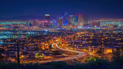 Obraz premium Night Cityscape Highway lights streak across desert residential area, showcasing illuminated downtown skyline, perfect for travel brochures