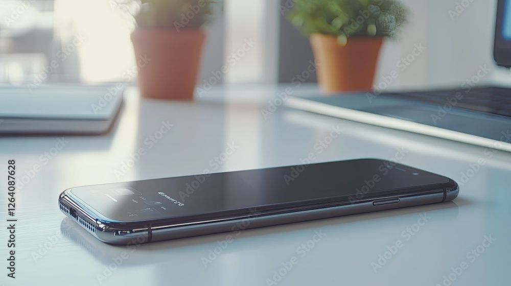 Poster a close-up of a smartphone with advanced features placed on a white desk. copy space.