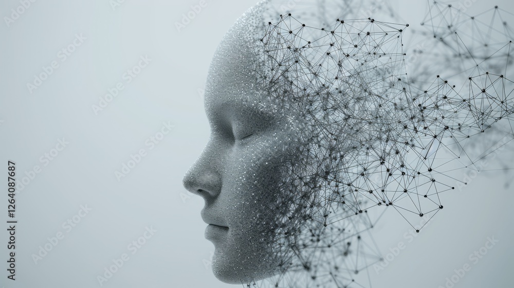 Poster a digital depiction of a human face seamlessly merging with a network of data points, symbolizing ai