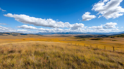 Fototapeta premium Autumnal mountain valley landscape, scenic vista, golden grasslands, blue sky, clouds
