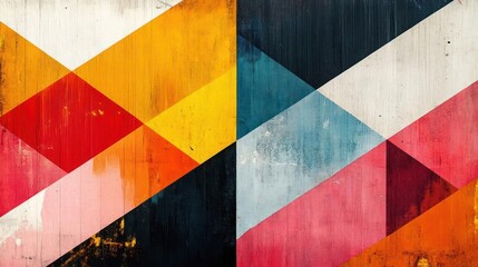 Fototapeta premium A colorful abstract geometric painting featuring triangles on a wooden panel.