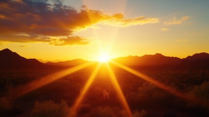 Obraz premium Stunning desert sunset with mountains and dramatic sun rays illuminating the horizon.