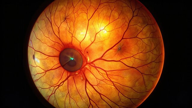 Detailed examination of retina with ophthalmoscope showing retinal hemorrhages and exudates, vision loss, retinal examination
