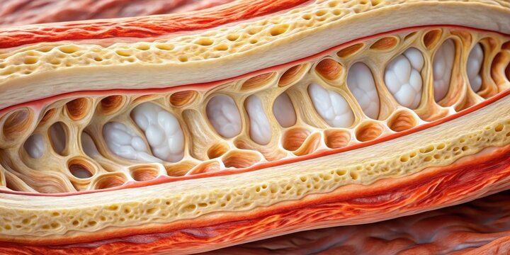 A close-up view of a cross-section of an artery revealing a large, white, fibrous atheromatous plaque with calcified edges, surrounded by normal vascular tissue, artery, atheroma