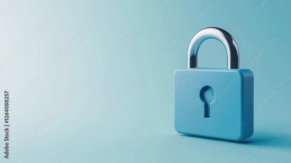 Poster blue padlock with shiny chrome shackle on gradient blue background symbolizing security and protecti