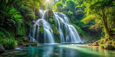 Naklejka premium Waterfall cascading gracefully in the midst of a lush forest, calmness, landscape, calmness, landscape
