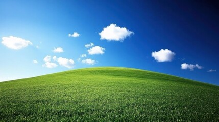 Obraz premium Sunny day, green hill, blue sky, fluffy clouds, idyllic landscape, nature background, travel brochure