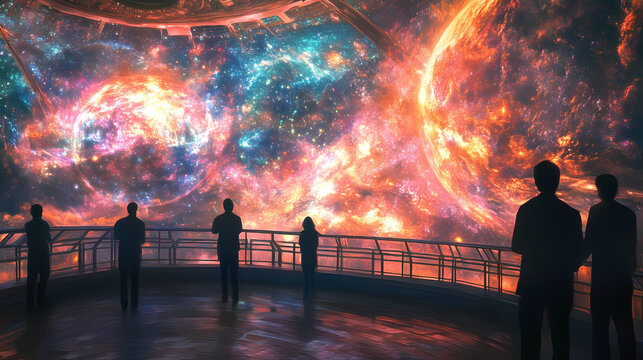 Captivated visitors on chrono synclastic infundibulum observation deck witnessing warped dimensions and ethereal celestial structures. Warped Reality Paintings. Illustration