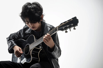 Obraz premium 10 years old boy Musician guitar performance practicing isolated on white background
