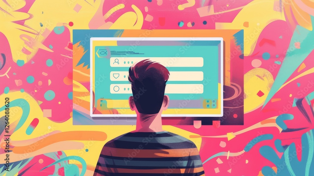 Poster a vibrant and dynamic digital illustration featuring a person facing a computer screen, navigating a