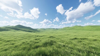 Fototapeta premium Sunny day, rolling green hills, meadow landscape, idyllic nature scene, travel brochure