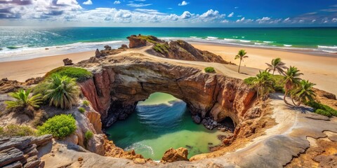 Ancient volcanic rock formation with a large hole on the beach of Jericoacoara, Brazil, amidst tropical vegetation and clear blue waters, volcanic rock, tropical vegetation