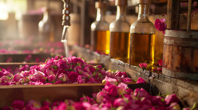 Rose essential oil production. Distillation process and extraction of the essential