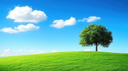 Obraz premium Lone tree on green hill, blue sky, fluffy clouds; idyllic nature scene, perfect for serenity ads