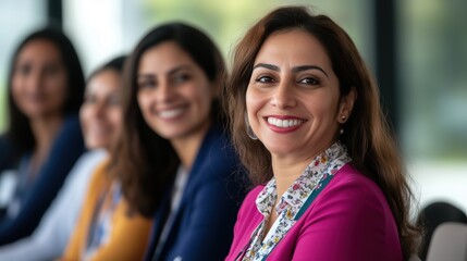 Confident Women in Business: A group of smiling, successful businesswomen exude confidence and strength. The woman in the foreground is sharply in focus.