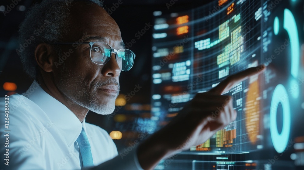 Poster closeup of a financial analyst gesturing towards an interactive touchscreen display that highlights 