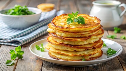 Traditional Polish Potato Pancakes Stacked on a Plate, crispy pancake, brunch