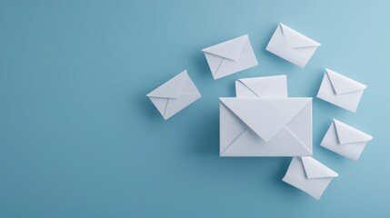 Fototapeta premium White envelopes scattered creatively on a soft blue background for communication and mail concept visuals