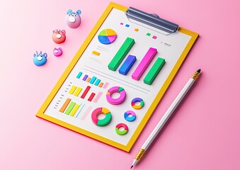 Naklejka premium Colorful data analysis on clipboard with cute animals, pink background