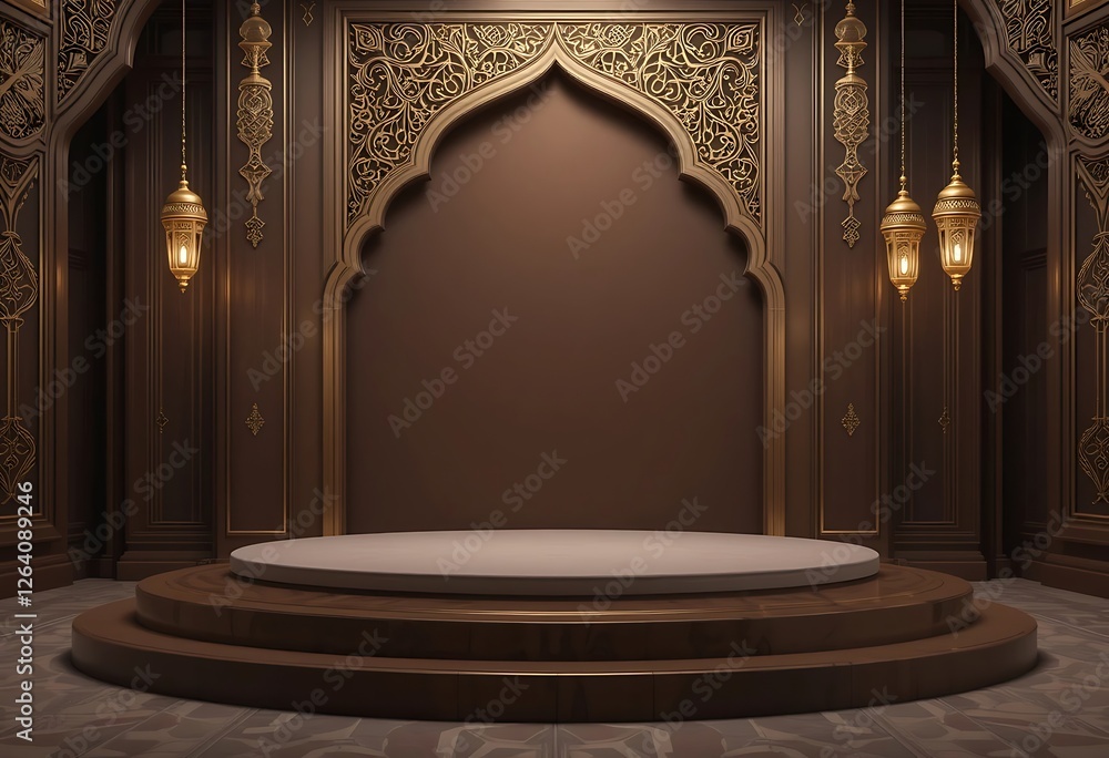 Poster elegant platform with islamic architecture and lanterns for product showcase