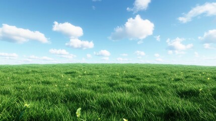 Obraz premium Sunny meadow landscape, vibrant green grass, fluffy clouds, idyllic scene, nature background, website banner