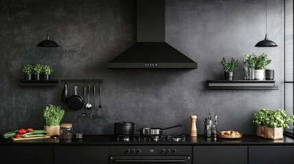 Modern black kitchen, range hood, herbs, wall shelves, cooking