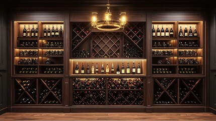 Elegant wine bar with shelves of wine bottles and glasses arranged neatly