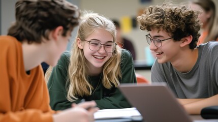 Collaborative Learning: Three teenage students, a boy and two girls,  lean together over a laptop, engaged in a collaborative learning session.