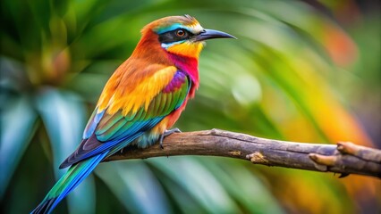Fototapeta premium Colorful tropical bird perched on a branch with vibrant plumage and long tail feathers, birds, vibrant plumage