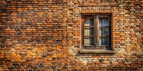 A brick wall with a large window having a stone-like texture and aged appearance, set in an old building or a historic neighborhood, old world, masonry