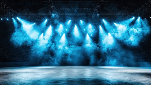 Blue stage lights illuminate empty arena; smoky atmosphere, concert backdrop
