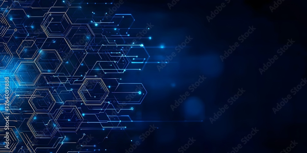 Poster innovative blue technology background with circuit lines and hexagons for digital solutions graphic 