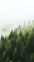 Fototapeta premium Evergreen trees emerge from the serene fog in a tranquil forest landscape