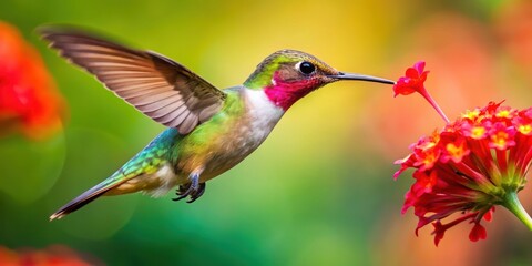A tiny, rainbow-colored hummingbird hovers in mid-air, its wings beating rapidly as it sips nectar from a bright red flower