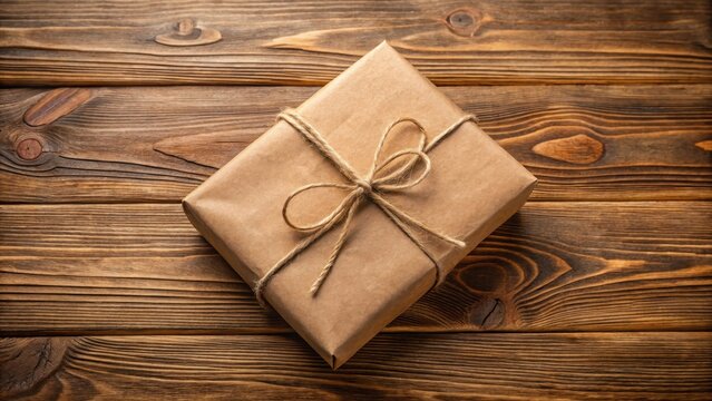 Brown paper parcel tied with twine and ribbon on a wooden table, twine, brown paper