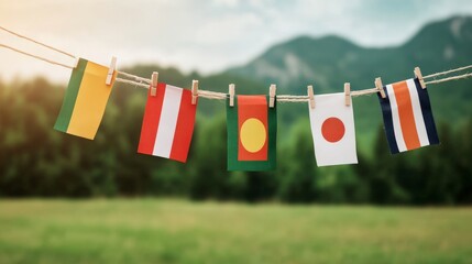 Colorful Flags Hanging on Clothesline against a Scenic Mountain Background