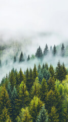 Fototapeta premium Misty evergreen forest revealing layers of lush greenery in fog