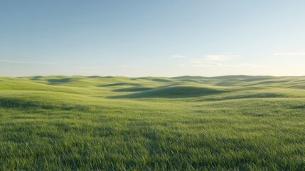 Obraz premium Rolling green hills, sunny meadow landscape, clear sky, pastoral scene, nature background