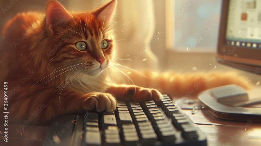 Poster a curious ginger cat playfully interacts with a computer keyboard, bathed in warm sunlight. the cozy