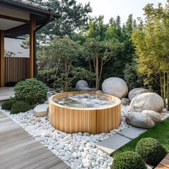 A wooden hot tub sits in a serene zen garden