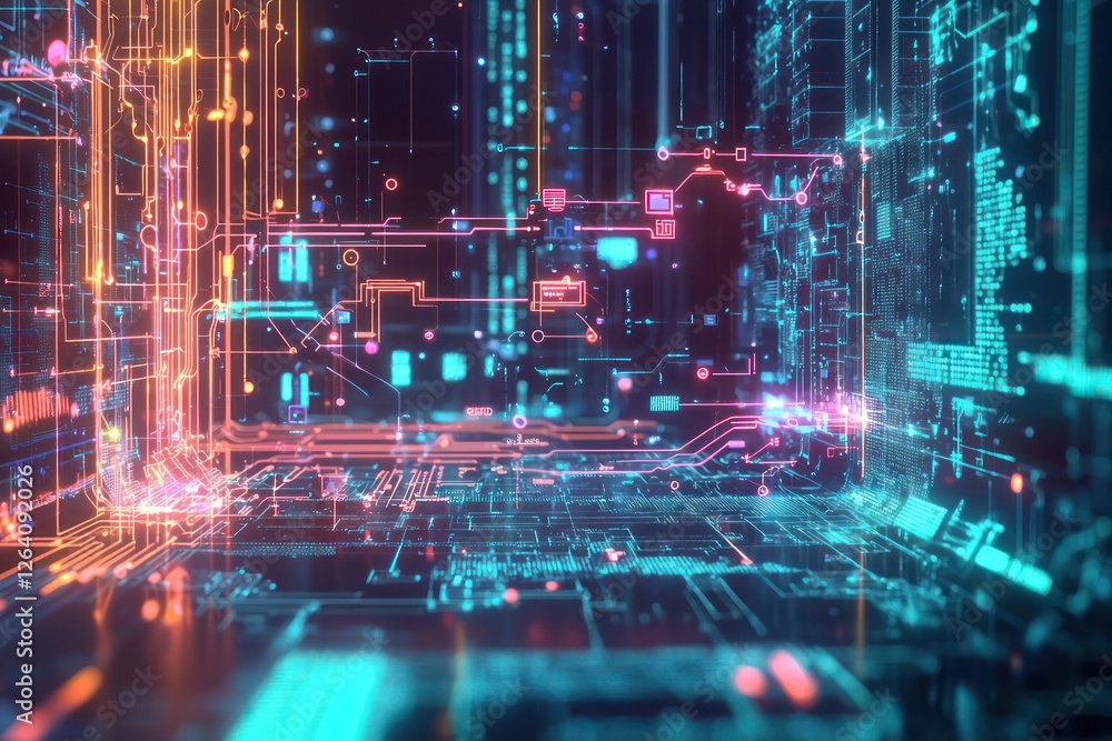 Poster data pathways generated by ai visualized in a 3d holographic flowchart.