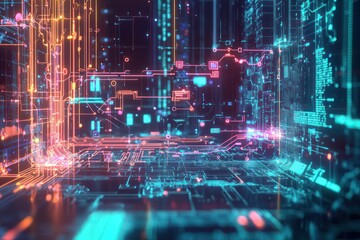 Data pathways generated by AI visualized in a 3D holographic flowchart.