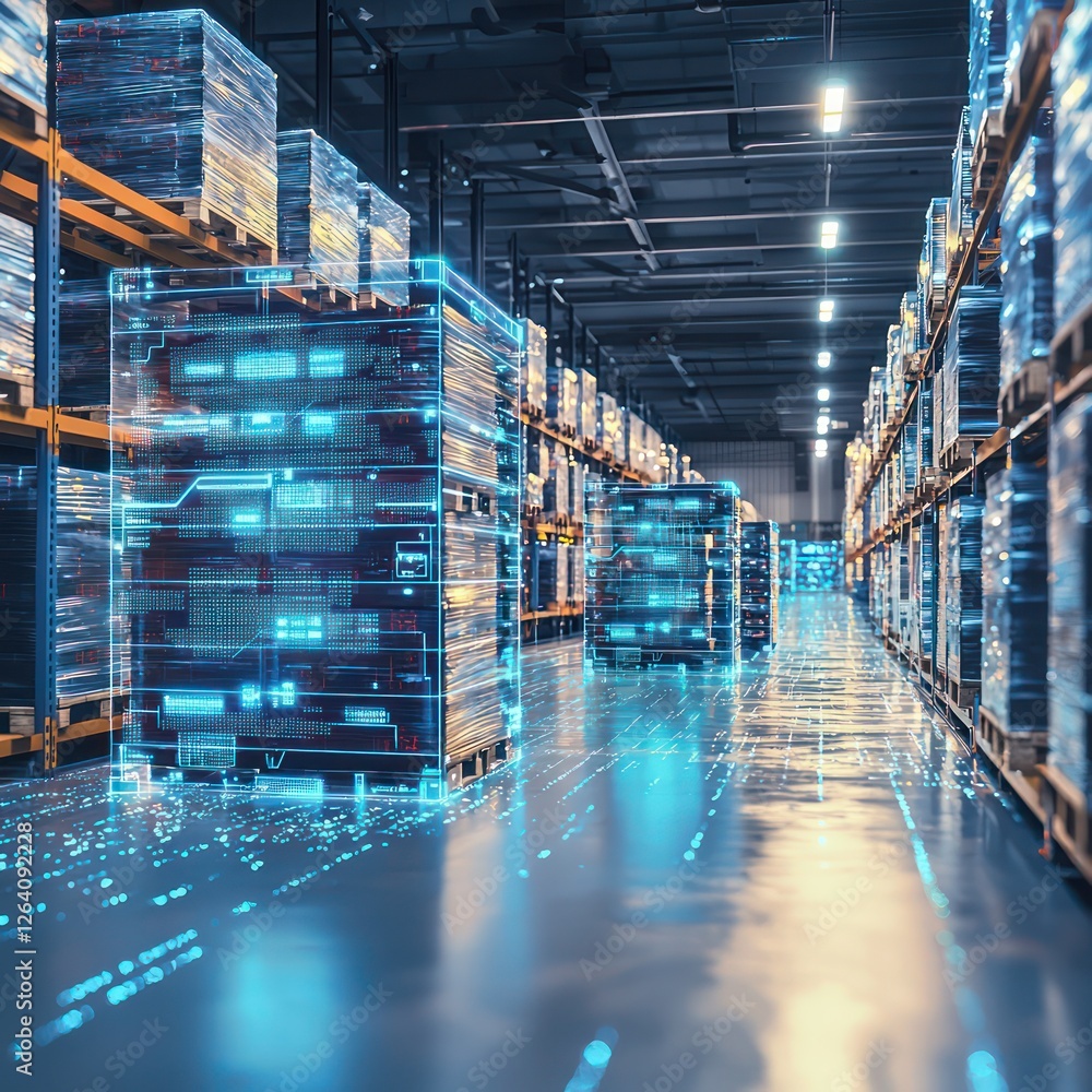 Poster advanced automated supply chain environment featuring vibrant real-time tracking.