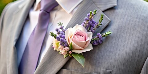 A delicate floral corsage adorned with a sprig of fresh lavender and a few carefully arranged date prom flowers in soft pastel hues on a formal wear outfit , corsage, flowers